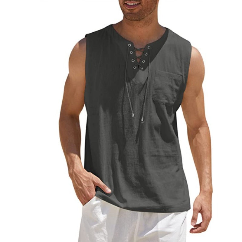 Mens Tank Top Shirt - Fashion Solid Color Cotton Hemp Short Sleeve Shirt