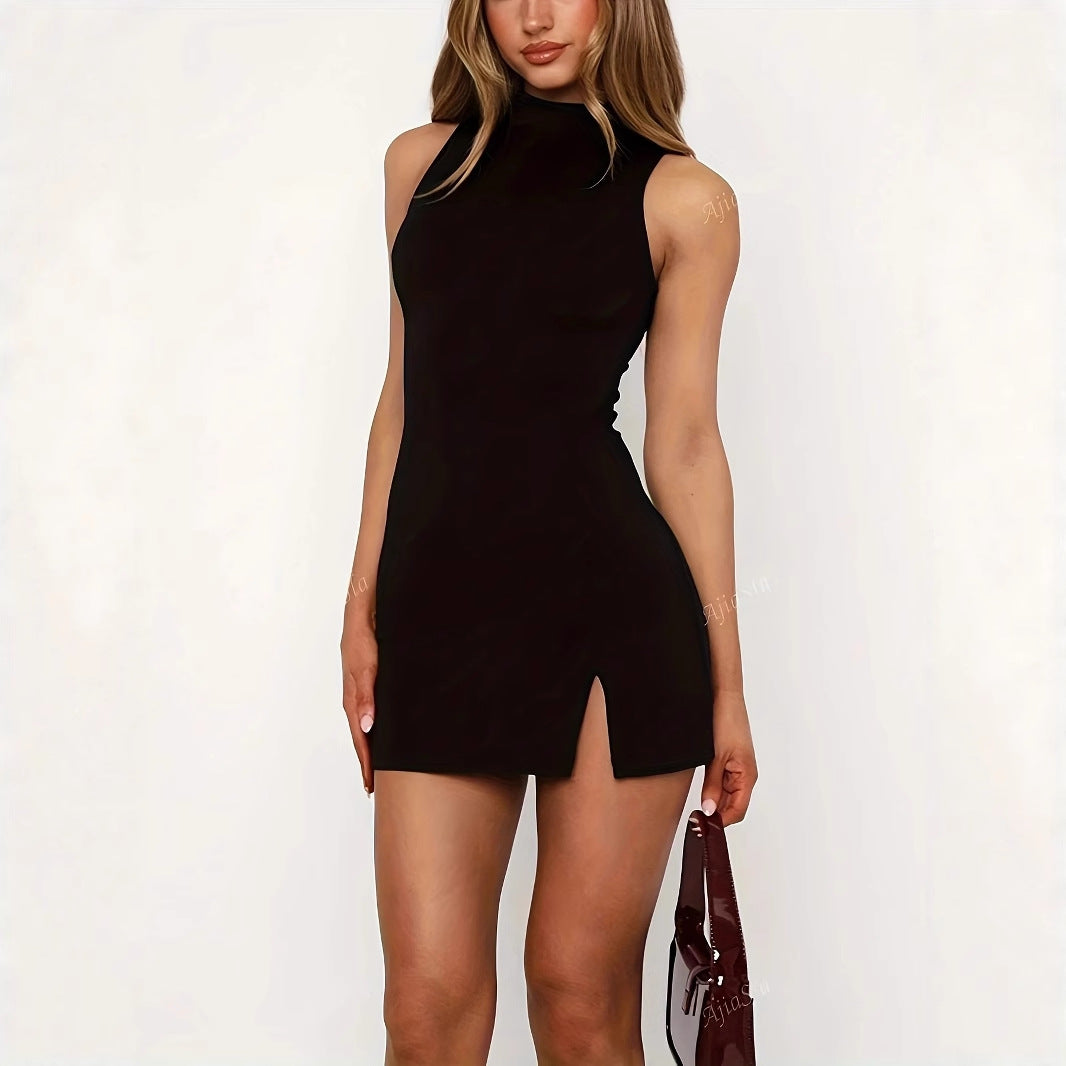 Fashion Solid Color Sleeveless Seamed Elegant Dress