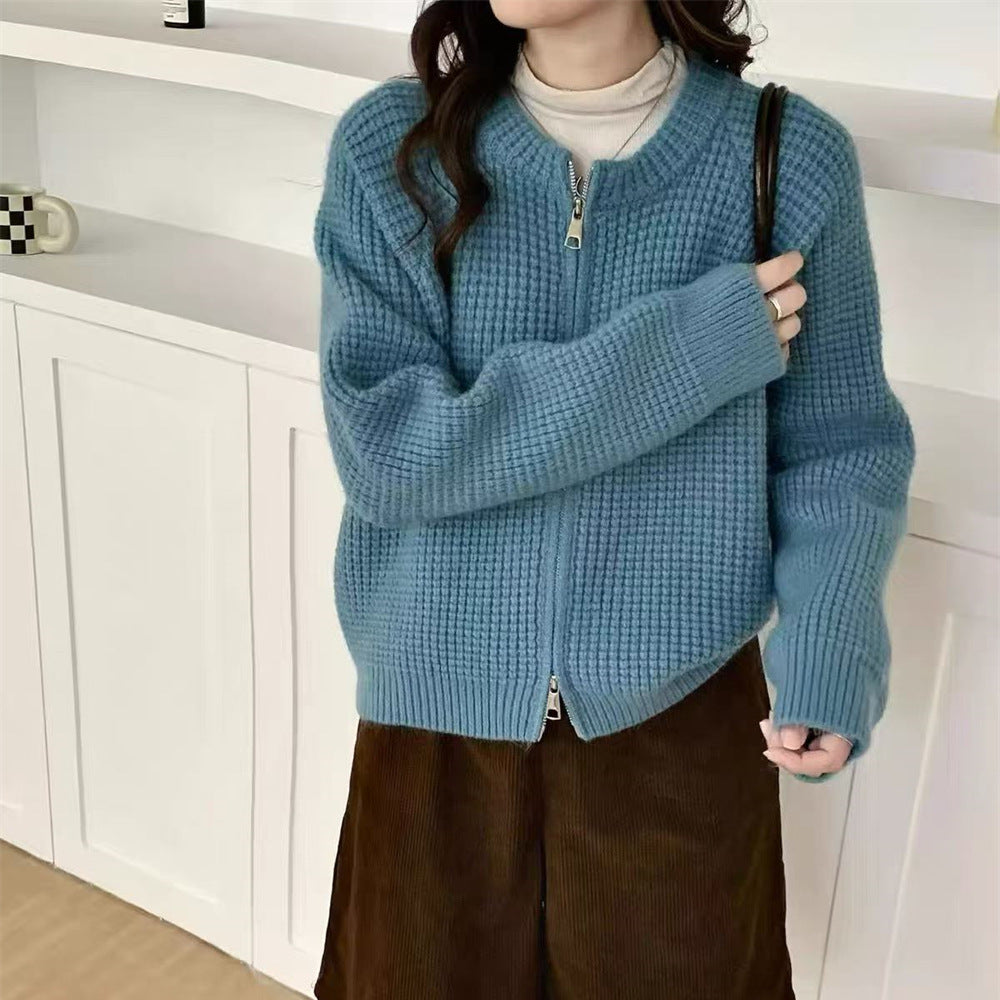 Round neck double zipper short sweater