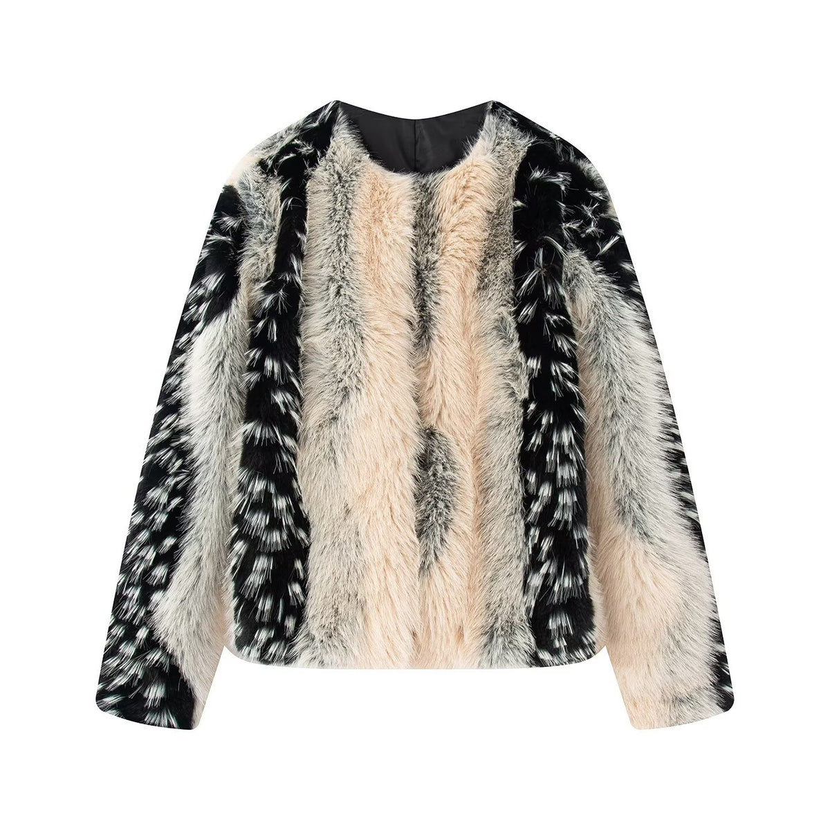 Round Neck Long Sleeved Printed Faux Fur Women's Coat