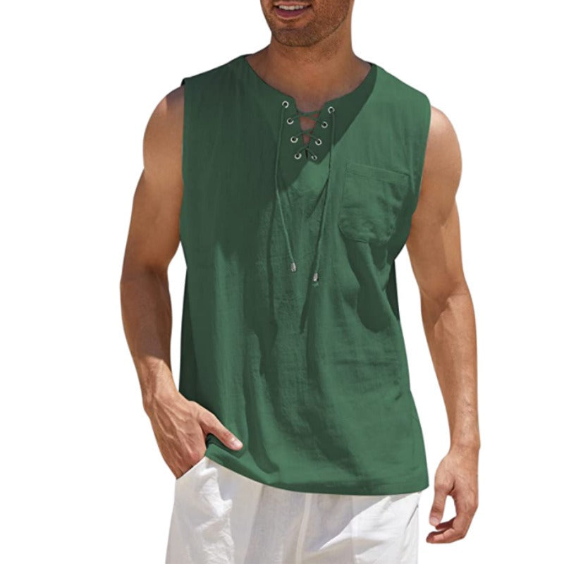 Mens Tank Top Shirt - Fashion Solid Color Cotton Hemp Short Sleeve Shirt