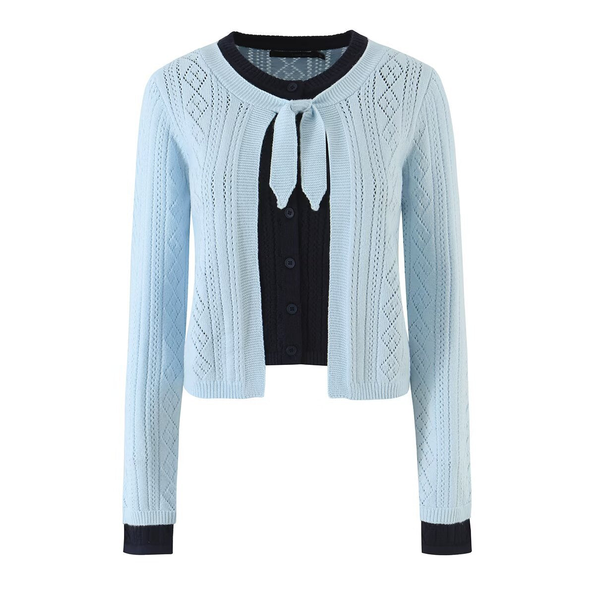 Women's Color-Block Argyle Openwork Crop Knit Cardigan Sweater