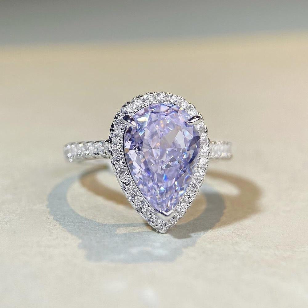 S925 sterling silver pear-shaped ring lavender purple high carbon diamond gemstone diamond ring European and American fashion zircon ring