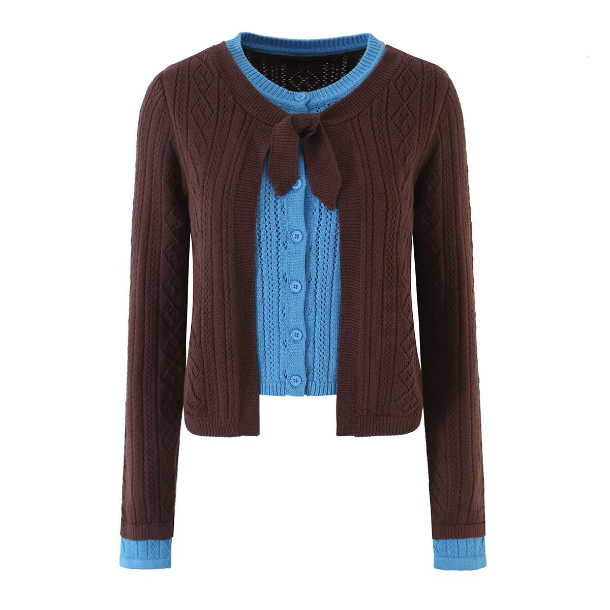 Women's Color-Block Argyle Openwork Crop Knit Cardigan Sweater