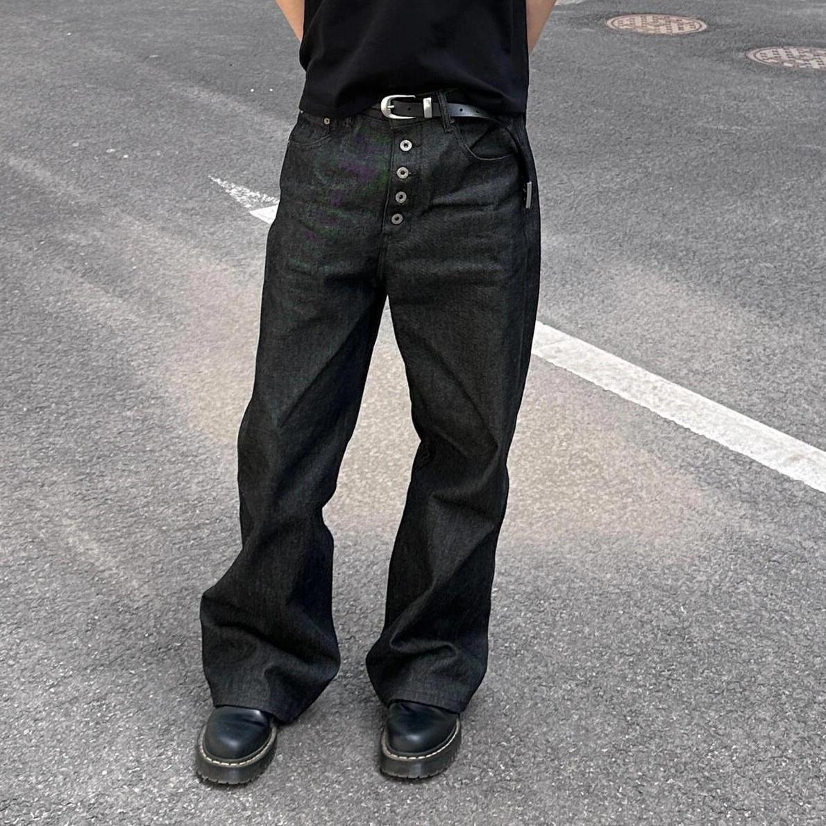 Streetwear Cleanfit Vintage Five-Button Denim Pants Men's Loose Wide-Leg High-Street Straight Leg Long Trousers Trendy