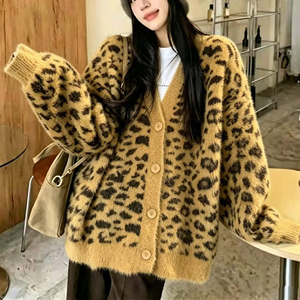 V-neck Cardigan Women's Animal Print Sweater