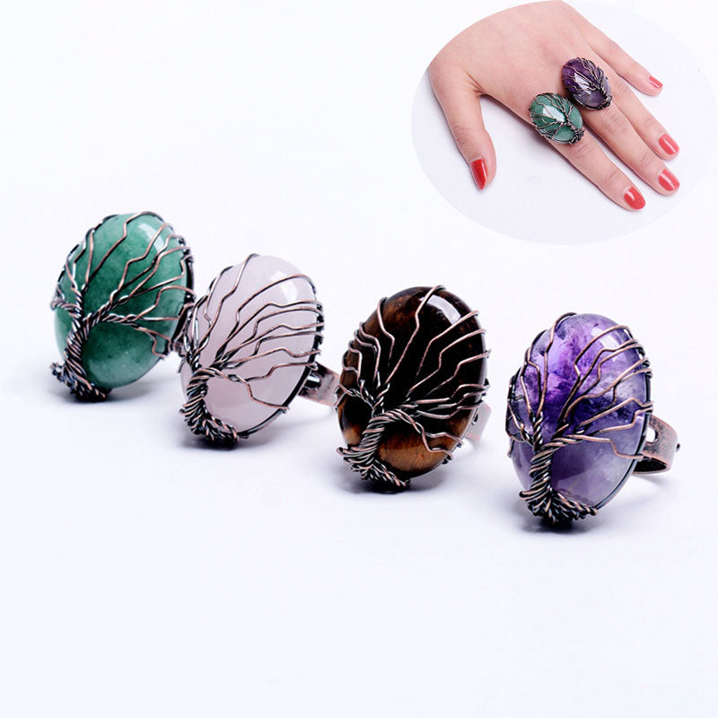 mart Vintage Finger Natural Stone Egg Shape Wrapped Tree of Life Antique Rings for Women Men Adjustable Jewelry Gift Souvenir