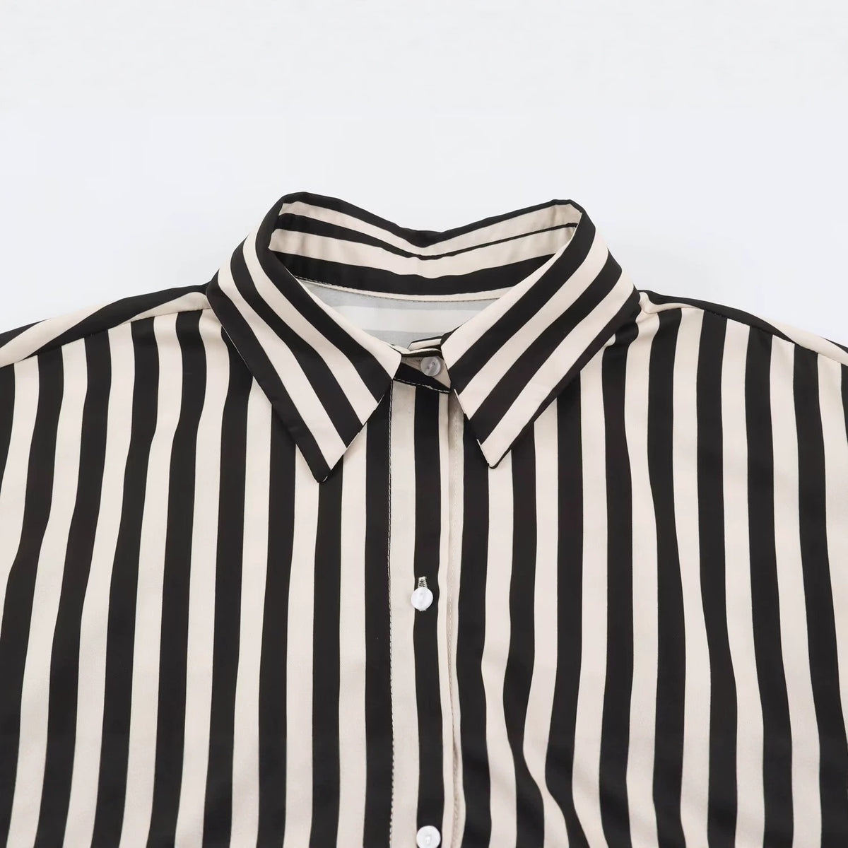 Loose patchwork with waistband long sleeved striped shirt for women