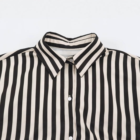 Loose patchwork with waistband long sleeved striped shirt for women