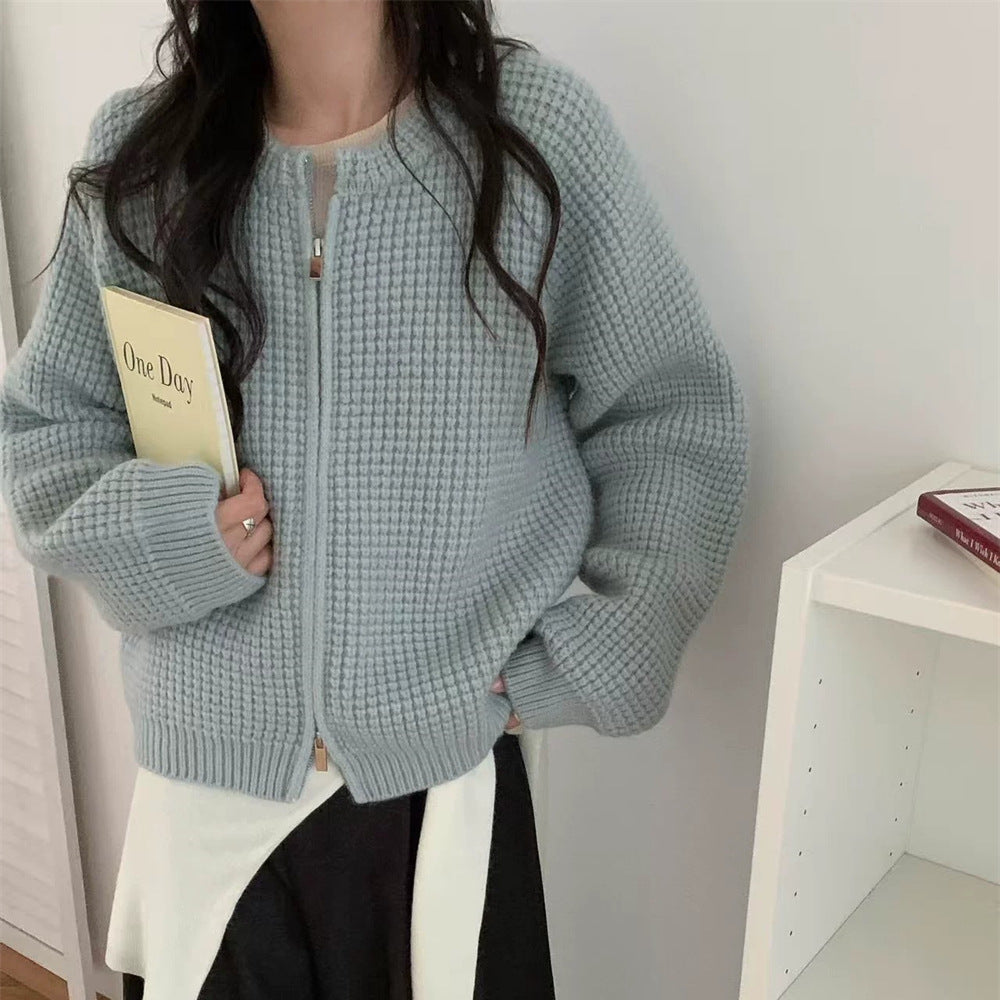 Round neck double zipper short sweater