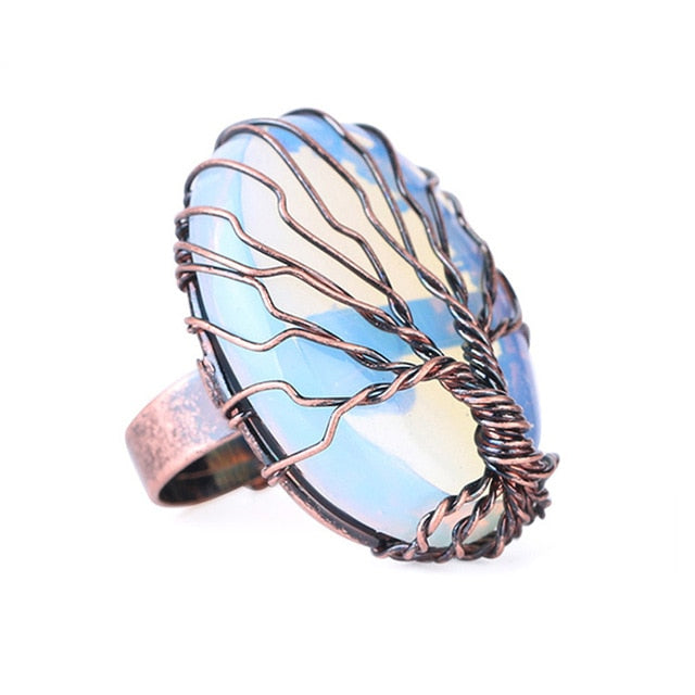 mart Vintage Finger Natural Stone Egg Shape Wrapped Tree of Life Antique Rings for Women Men Adjustable Jewelry Gift Souvenir