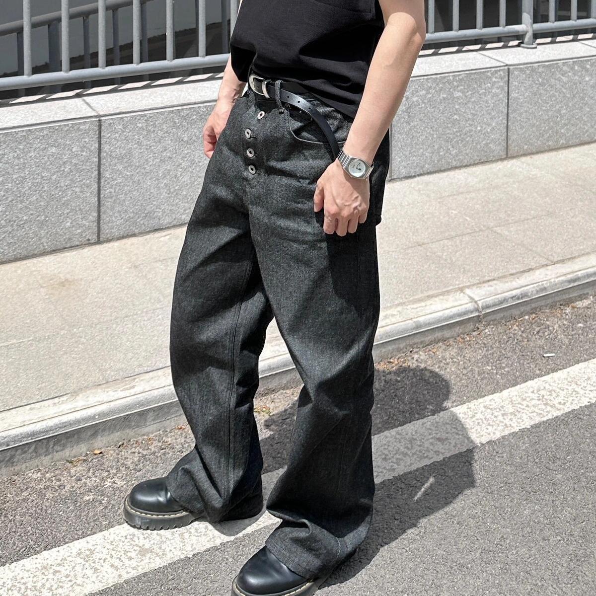 Streetwear Cleanfit Vintage Five-Button Denim Pants Men's Loose Wide-Leg High-Street Straight Leg Long Trousers Trendy