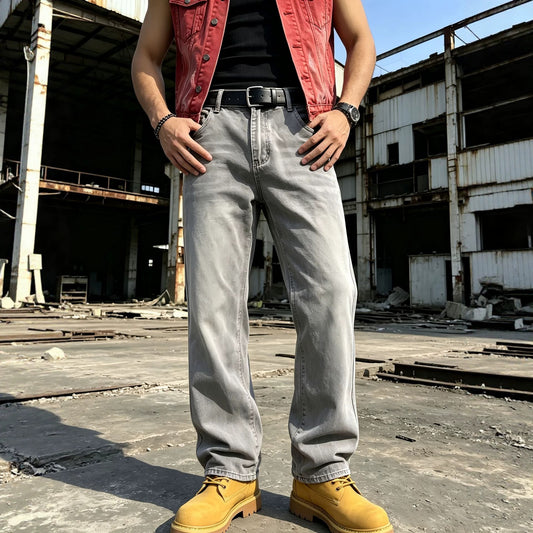 Casual Gray Men's Jeans for Daily Wear, Comfortable Commuting, Fashion Distressed Washed Denim Pants