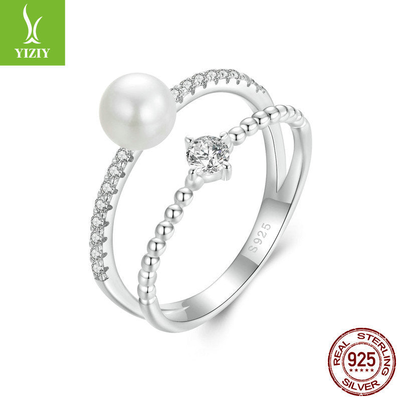 Yinziyun original natural freshwater pearl moissanite ring, light luxury and elegant temperament 925 pure silver double-layer ring