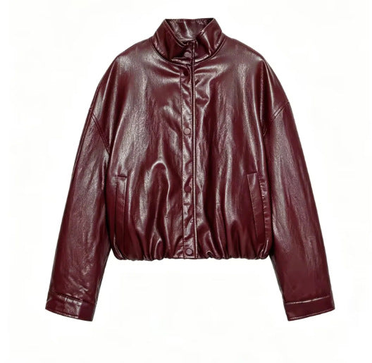 Half high collar long sleeved single breasted PU jacket