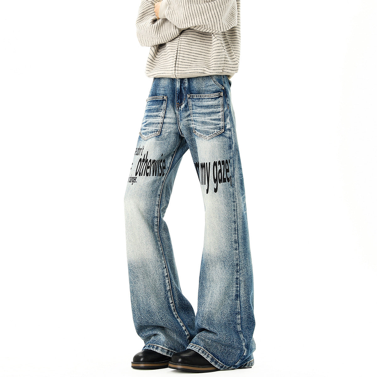 Stylish Washed Distressed Flared Denim Pants for Men with Cat Eye and Rivet Details, Slim Fit Straight Leg Jeans