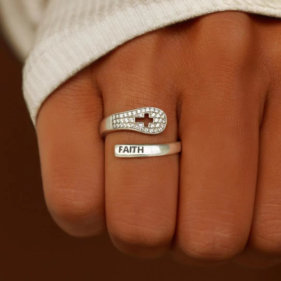 Pure Silver Faith Cross Zircon Ring Women's Simple and Fashionable European and American Style Food Ring Silver Jewelry