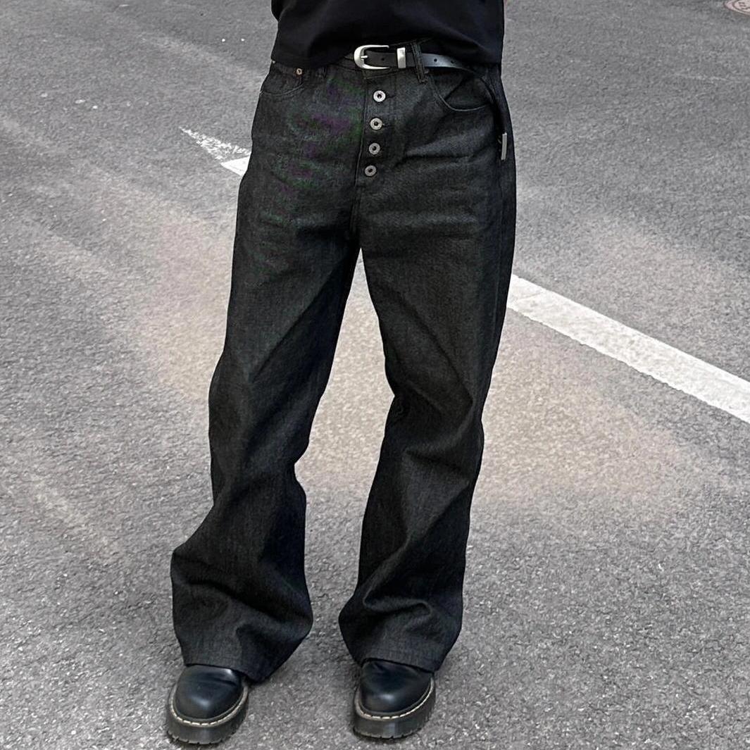 Streetwear Cleanfit Vintage Five-Button Denim Pants Men's Loose Wide-Leg High-Street Straight Leg Long Trousers Trendy