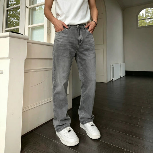Casual Washed Gray Denim Pants for Men, Comfortable Everyday Workwear, Vintage Style, Relaxed Fit, Fashionable Summer Bottoms