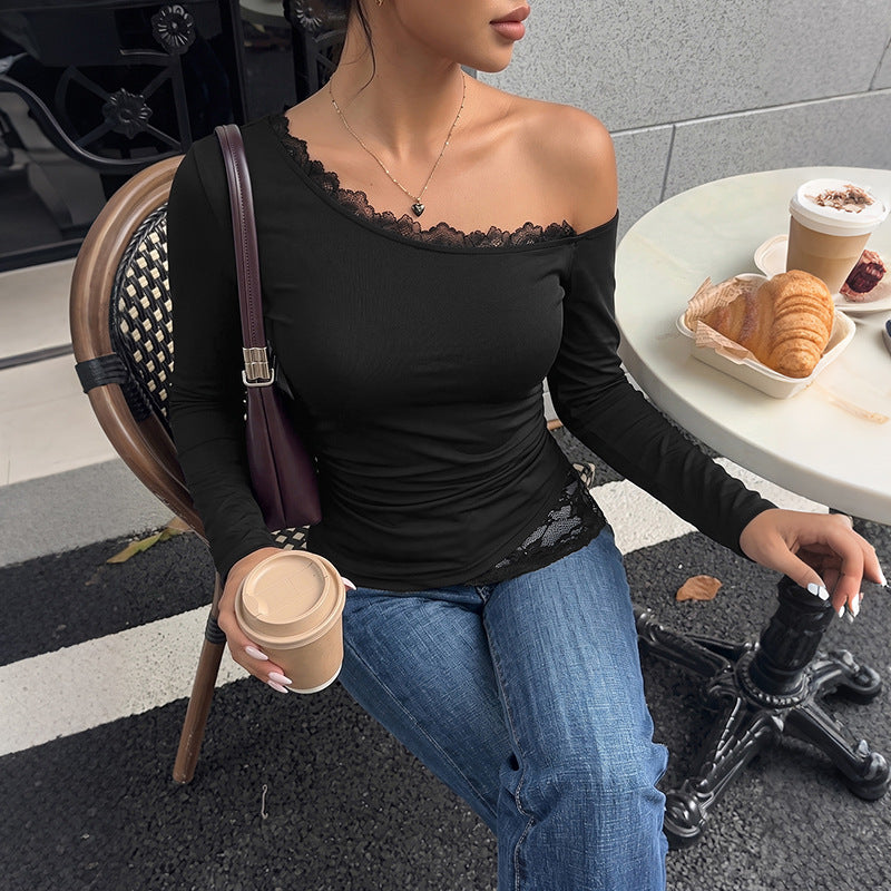Slanted shoulder asymmetrical lace patchwork top