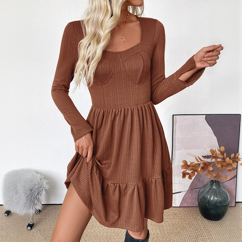 Elegant Textured Long Sleeve Square Neck Slimming Short Dress