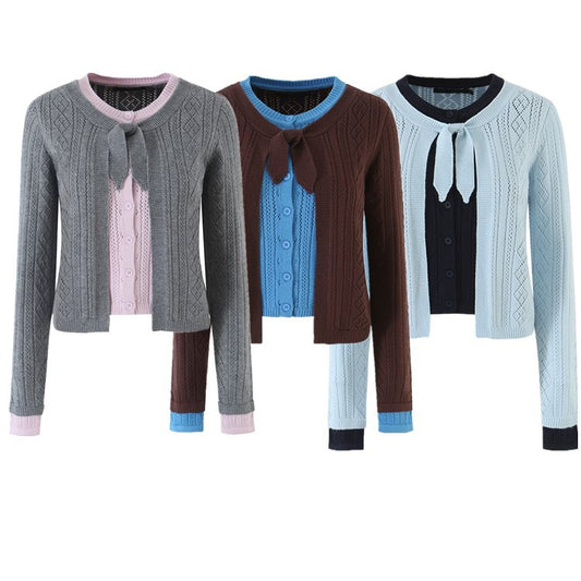 Women's Color-Block Argyle Openwork Crop Knit Cardigan Sweater