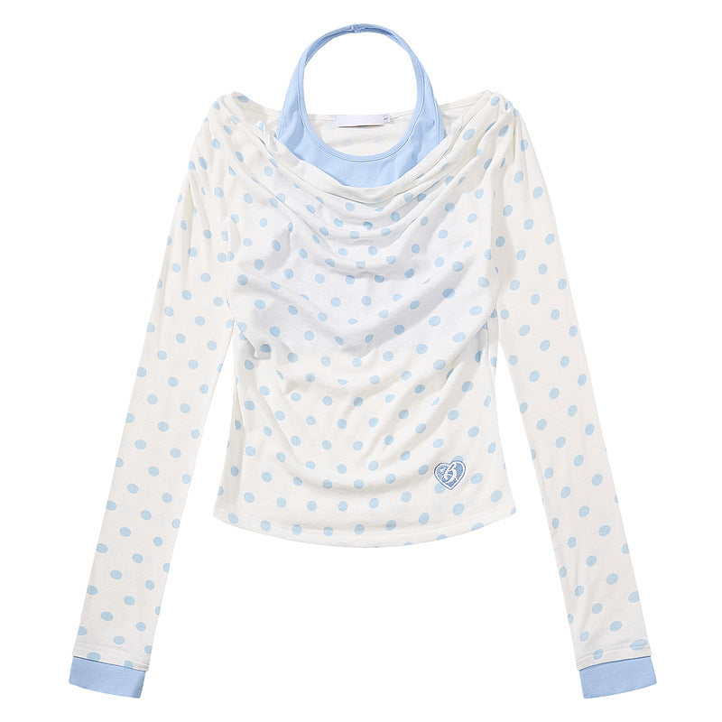 Wave dot fake two long sleeved T-shirts for women