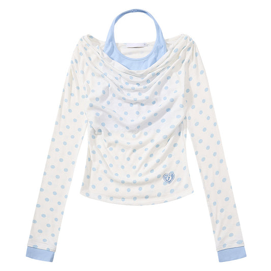 Wave dot fake two long sleeved T-shirts for women