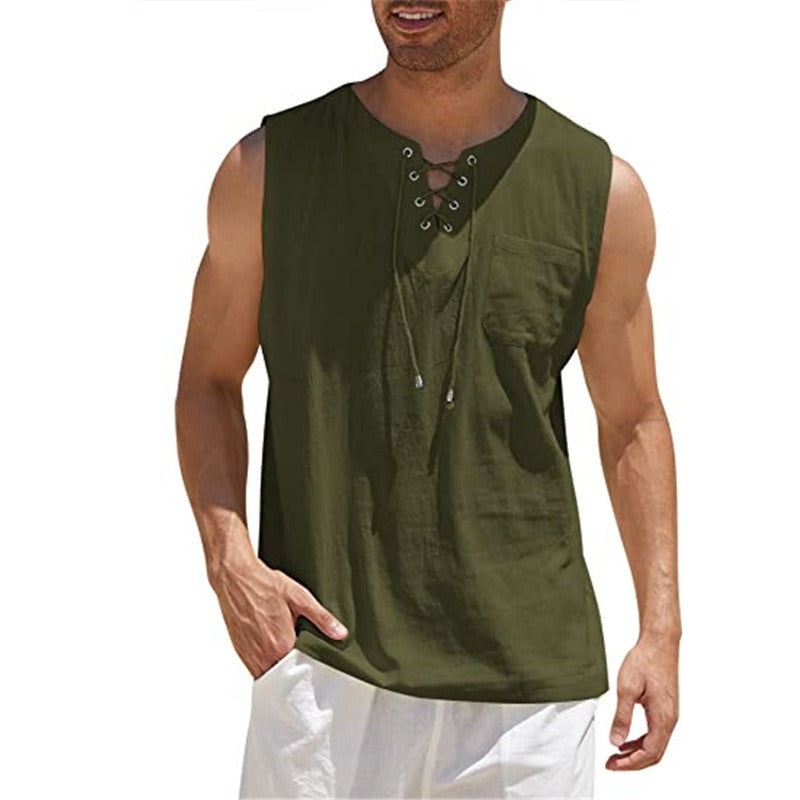 Mens Tank Top Shirt - Fashion Solid Color Cotton Hemp Short Sleeve Shirt