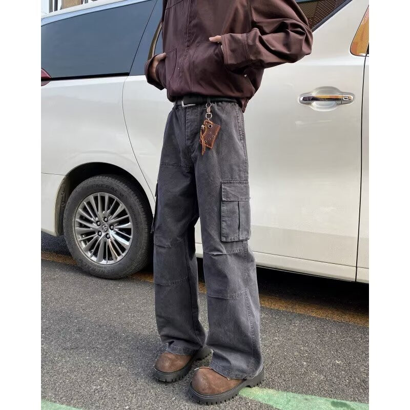 Washed Cotton Cargo Pants Vintage - Multi-Pocket Straight Leg Casual Men's Trousers