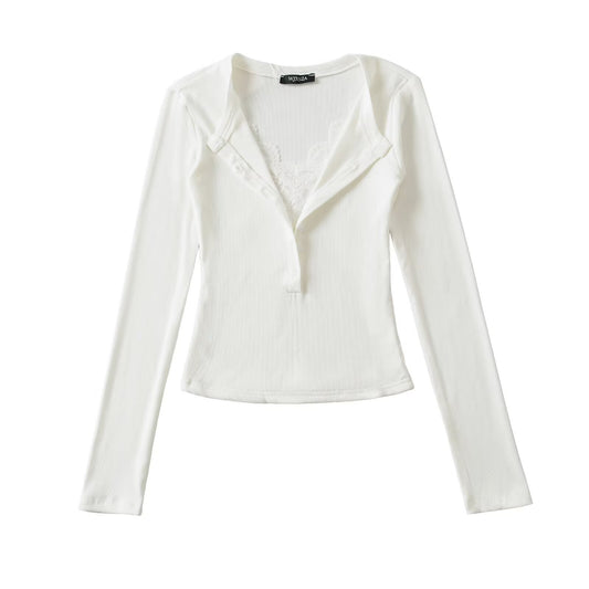 Women's Lace V-Neck Slim Fit Knit Top