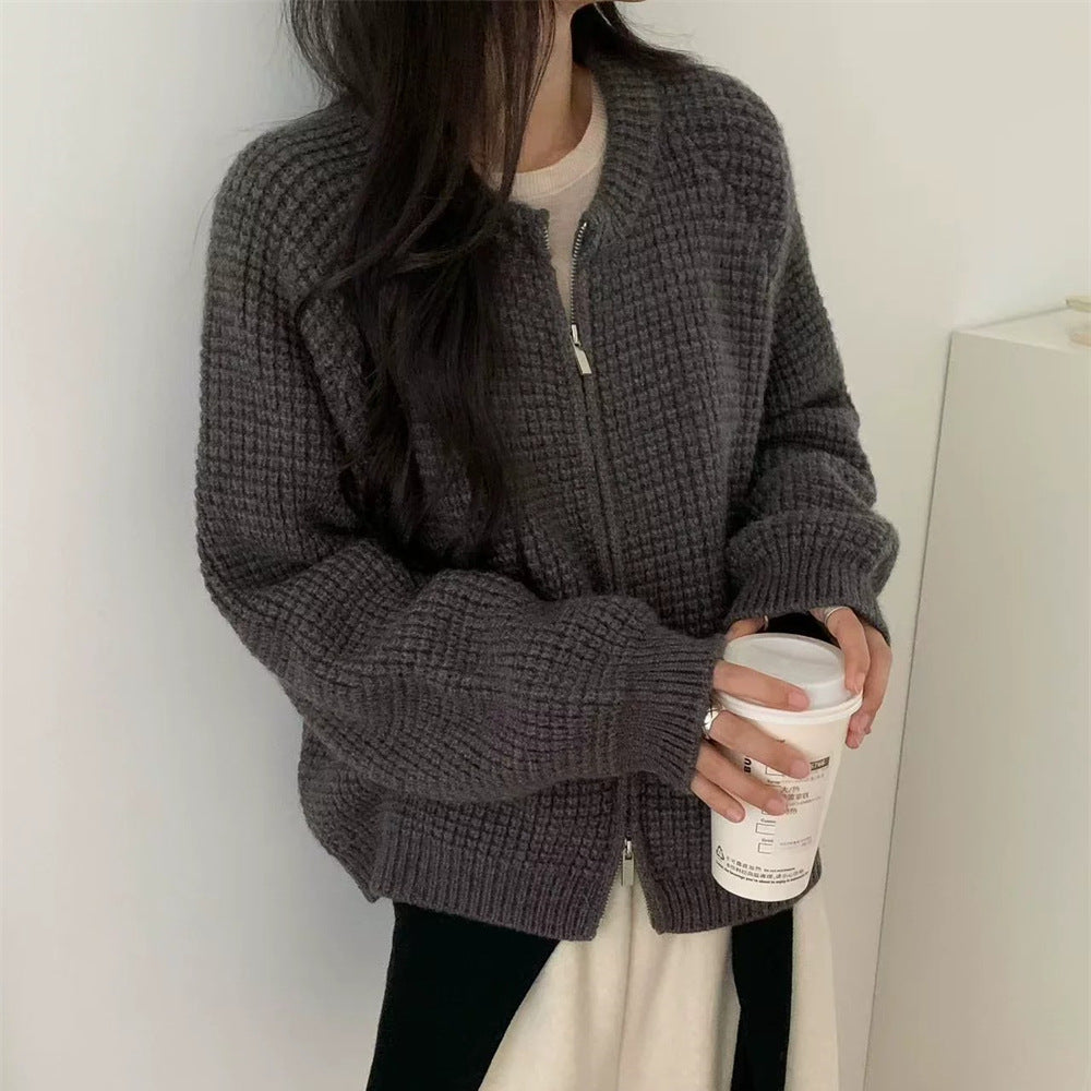 Round neck double zipper short sweater