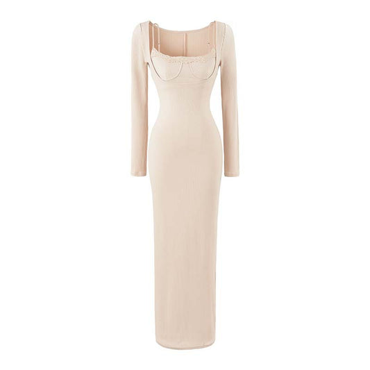 Lace Long Spaghetti Strap Waist-cinching Bodycon Maxi Dress