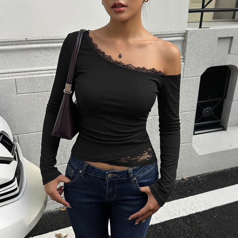 Slanted shoulder asymmetrical lace patchwork top
