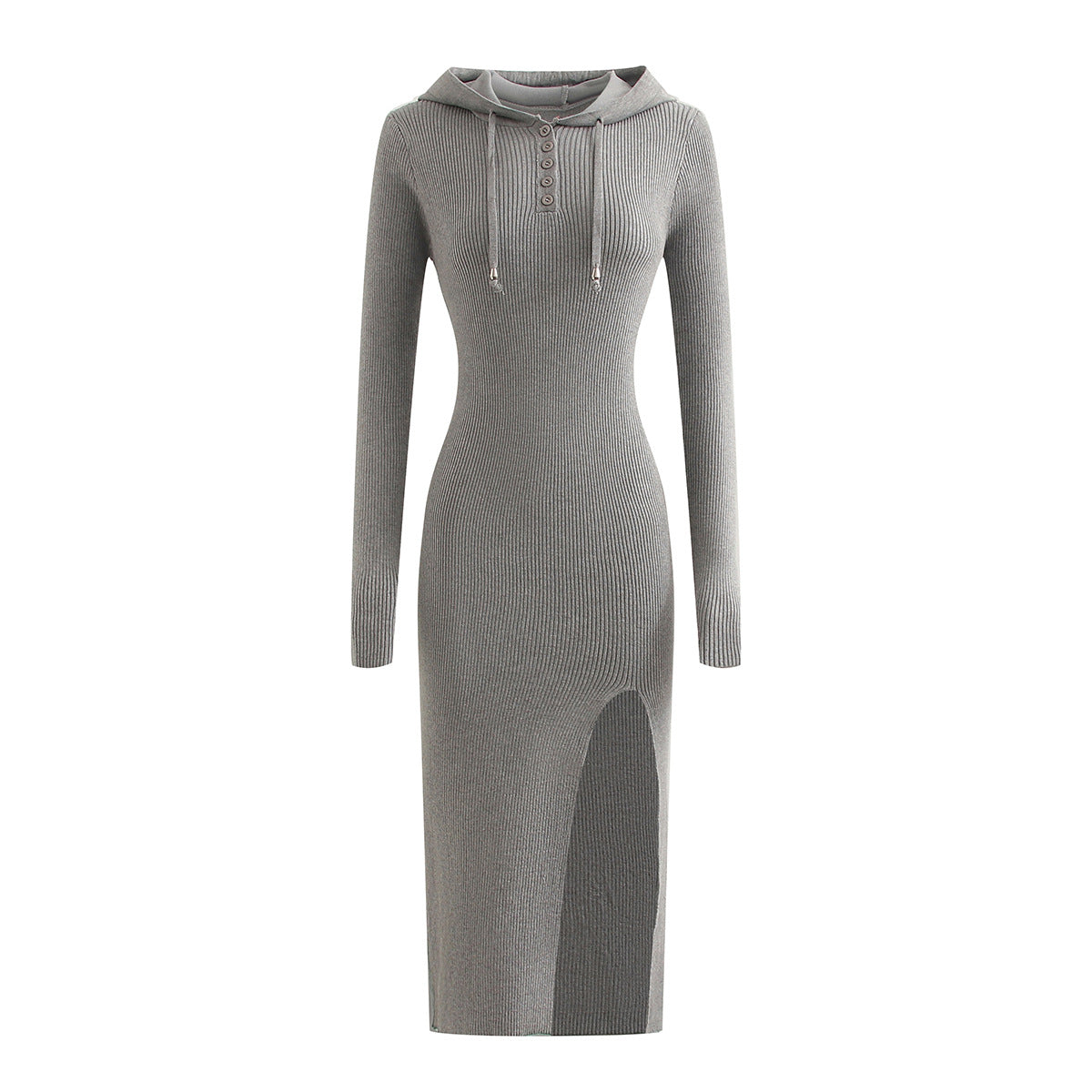 Long Sleeve Hooded Knit Dress with Side Slit Over Knee Slim Fit Pencil Dress