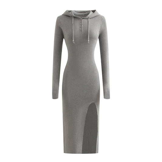 Long Sleeve Hooded Knit Dress with Side Slit Over Knee Slim Fit Pencil Dress