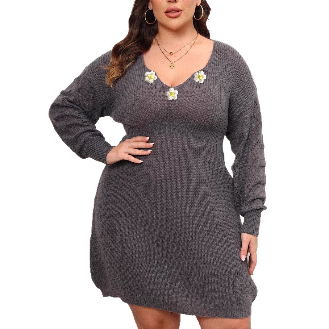 V-neck woven woolen dress with hand hook flower splicing waist cinching dress