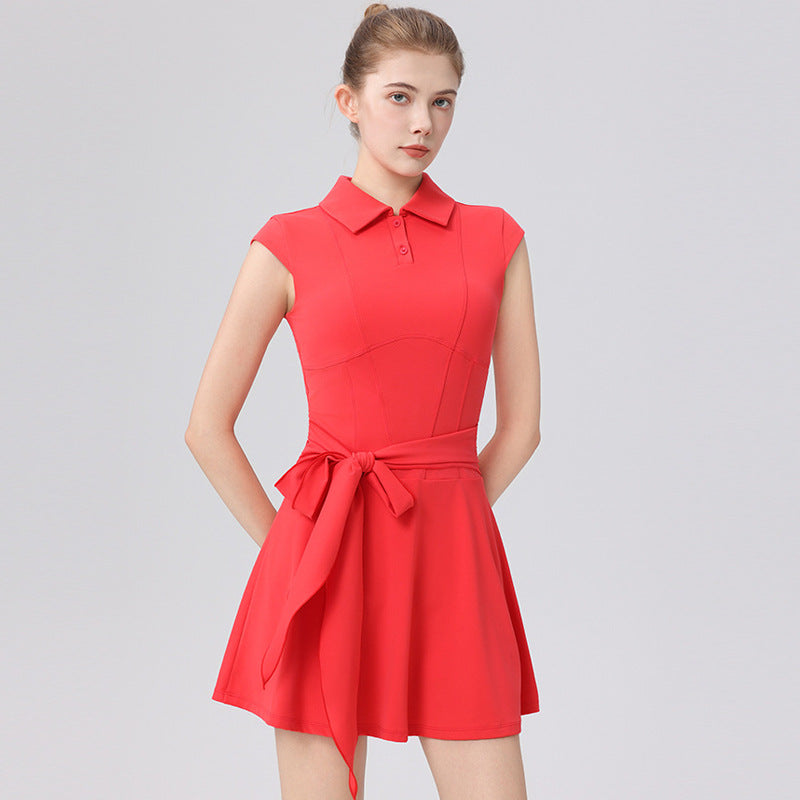 Elegant Fitted Polo Neck Tennis Dress with Belt Detail Autumn/Winter New Outdoor Sporty Dress