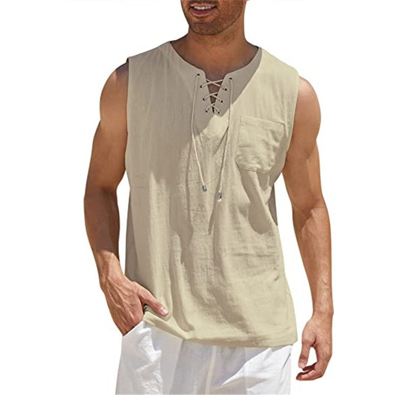 Mens Tank Top Shirt - Fashion Solid Color Cotton Hemp Short Sleeve Shirt