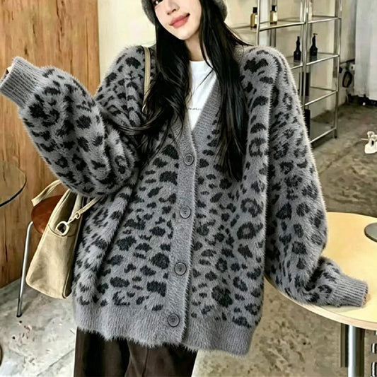 V-neck Cardigan Women's Animal Print Sweater