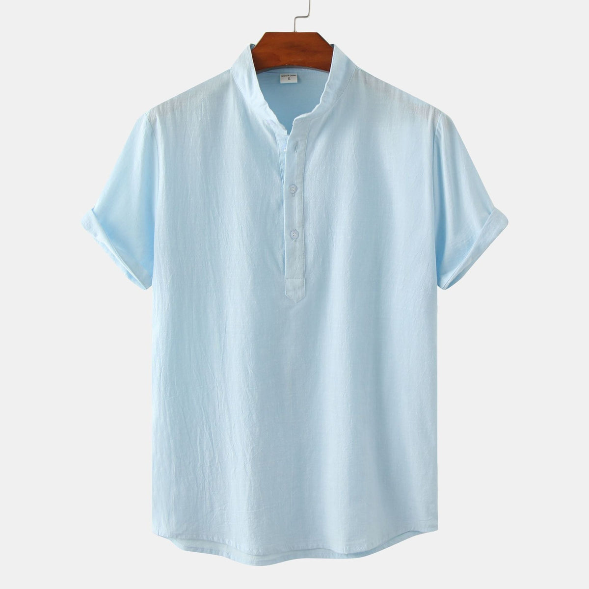 Summer Mens Cotton and Linen Standing Collar Casual Short Sleeved Shirt Beach T Shirt Shirt Mens Clothing