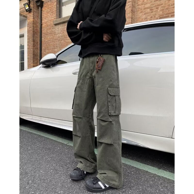 Washed Cotton Cargo Pants Vintage - Multi-Pocket Straight Leg Casual Men's Trousers