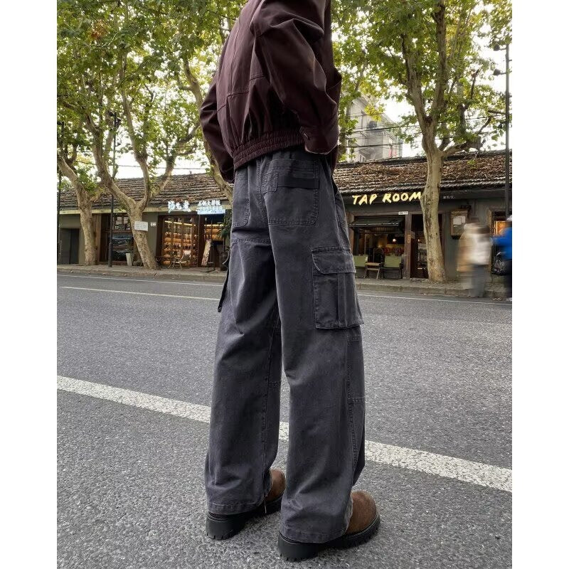 Washed Cotton Cargo Pants Vintage - Multi-Pocket Straight Leg Casual Men's Trousers