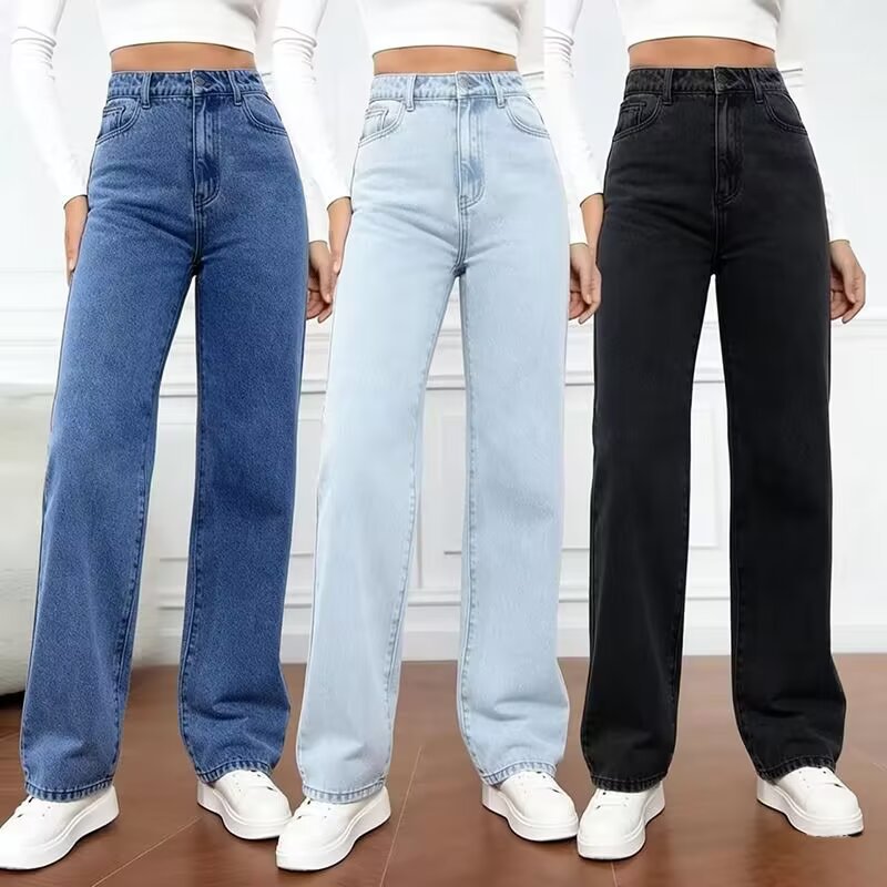 Chic Women's Fashionable Denim Pants Summer Casual Elegant Solid Color Long Trousers