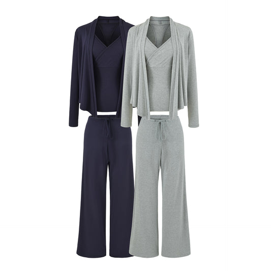 Women's Slim Fit Cropped Knit Camisole Cardigan Set & Wide Leg Pants