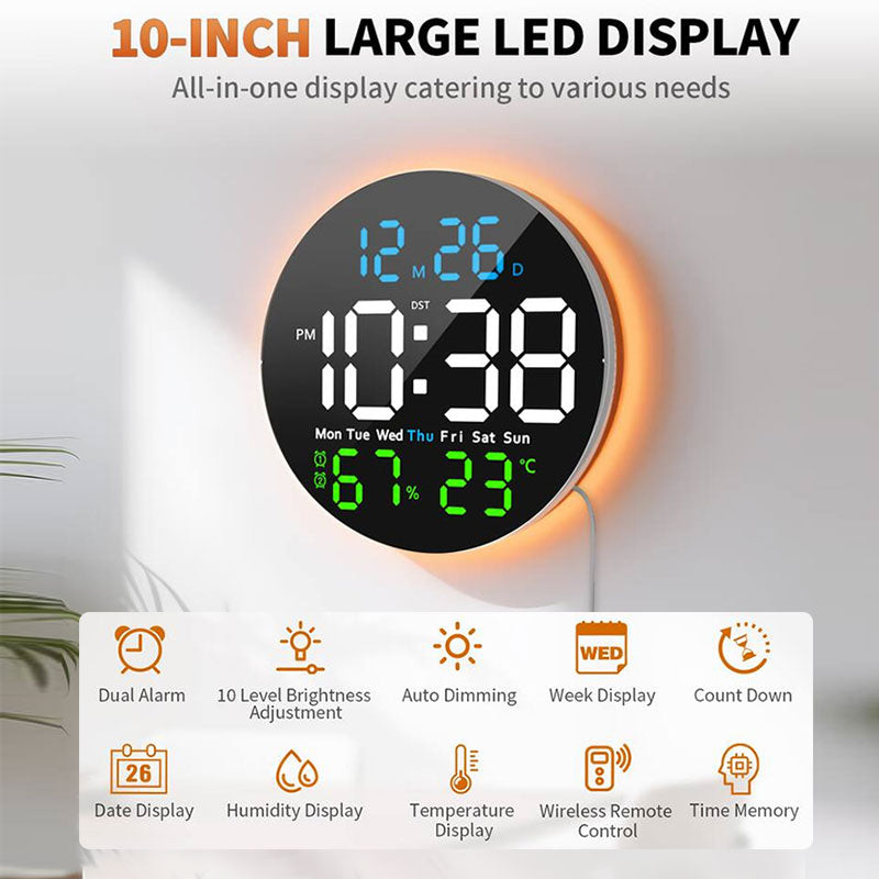 10 Inch Digital Wall Clock featuring TEMP Humidity Date Week Timer with Remote DST LED Alarm Clock
