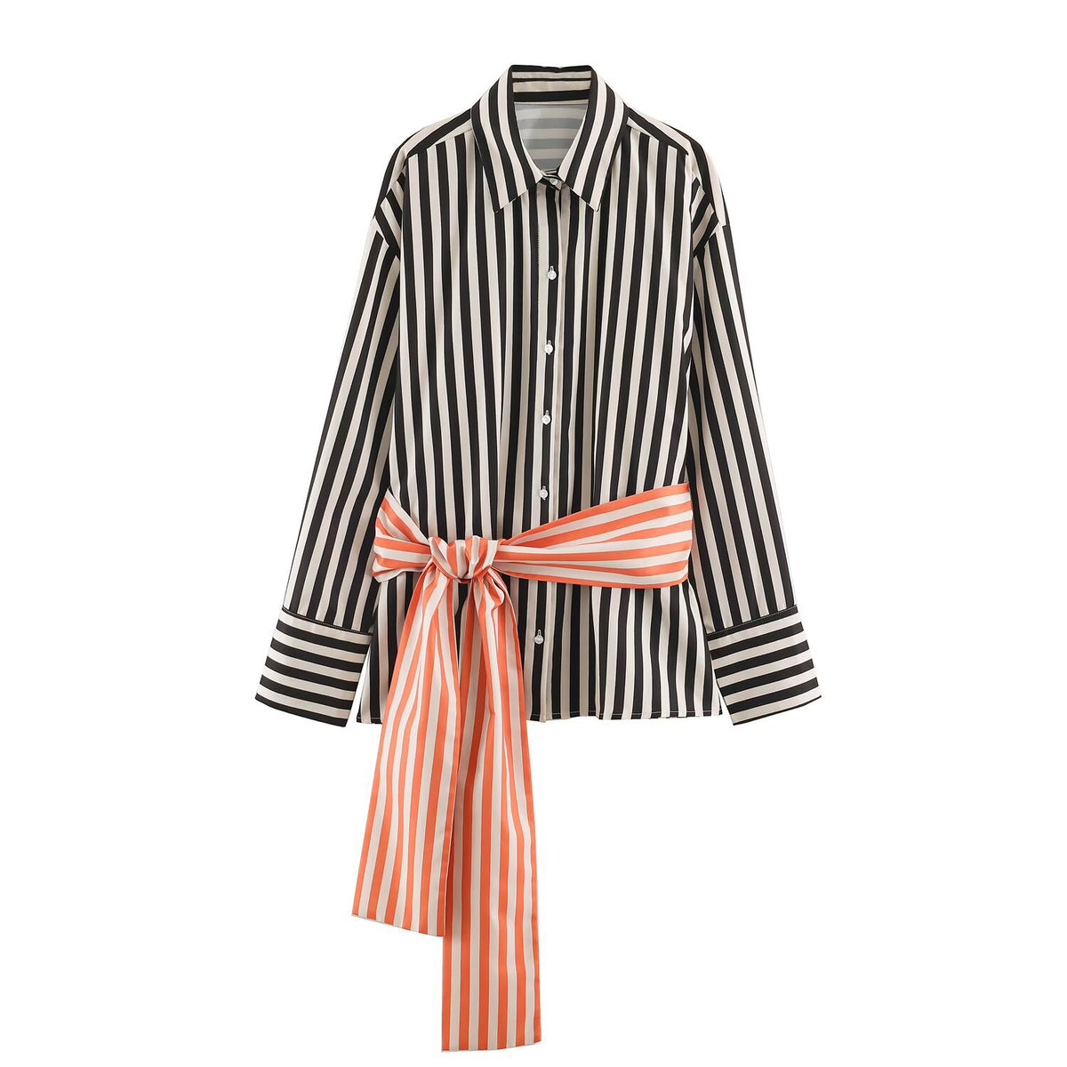 Loose patchwork with waistband long sleeved striped shirt for women