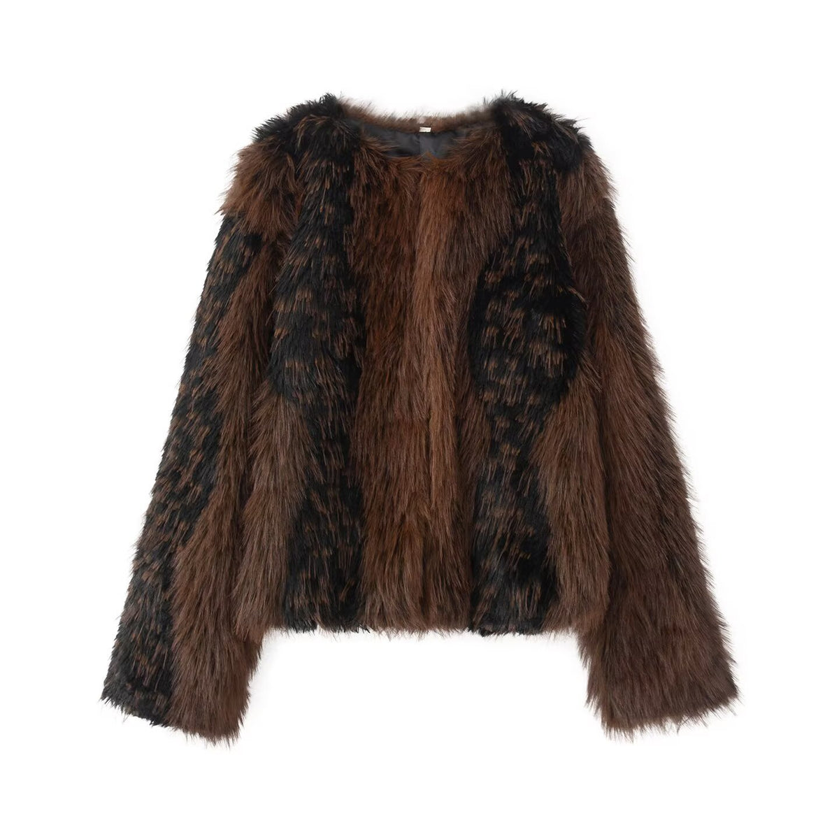 Round Neck Long Sleeved Printed Faux Fur Women's Coat
