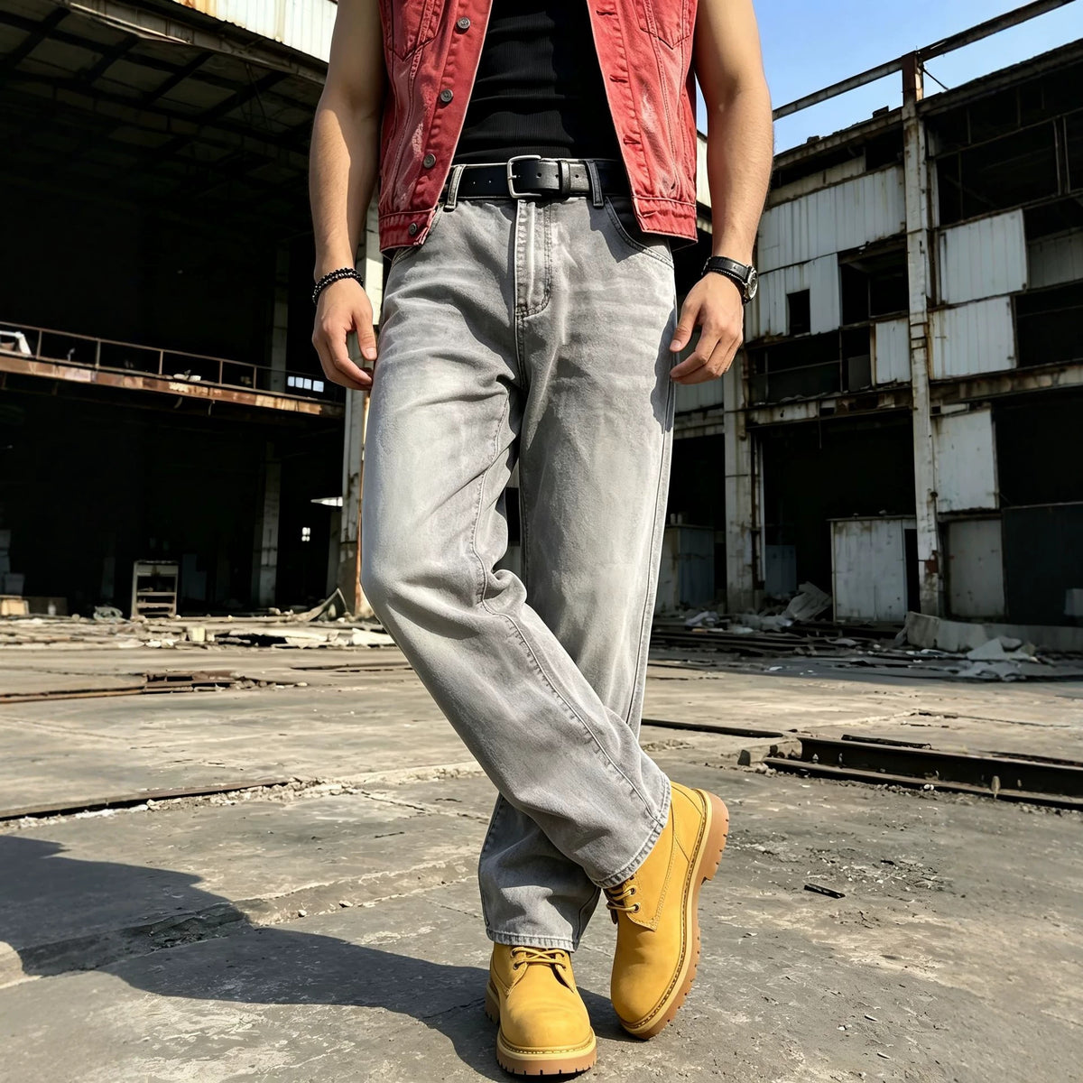Casual Gray Men's Jeans for Daily Wear, Comfortable Commuting, Fashion Distressed Washed Denim Pants