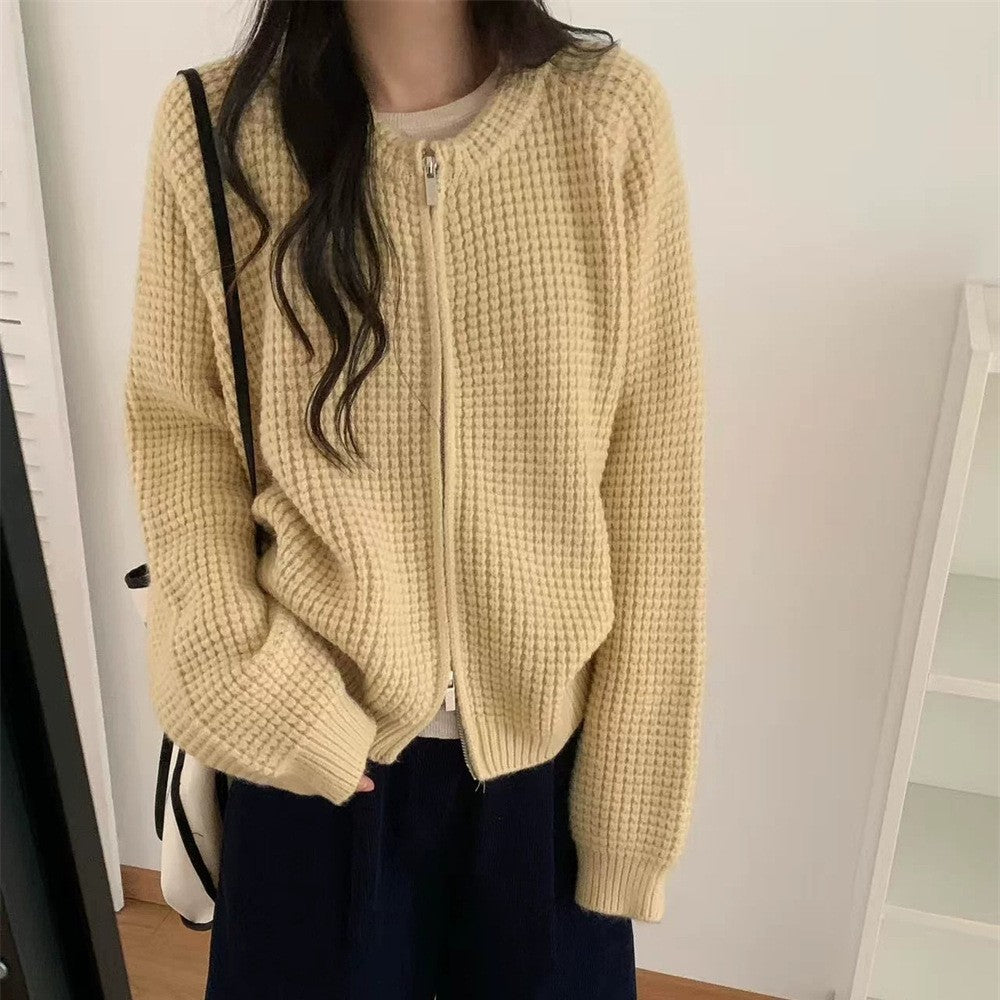 Round neck double zipper short sweater